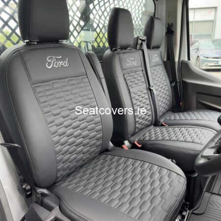 Ford Custom 2013-2023 Model - 3 seater van - black automotive grade vinyl with grey honeycomb design, 3xFord embroidered